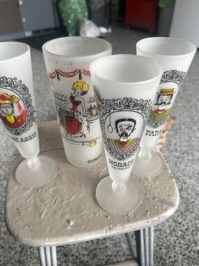 Vintage White Milk Glass Cocktail Glasses Set with Colorful Character Decals